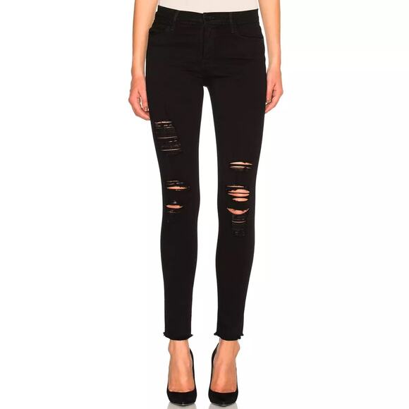 Frame Le High Skinny Low Rise Denim Jeans in Noir Jefferson Black Distressed 26 - Picture 1 of 16